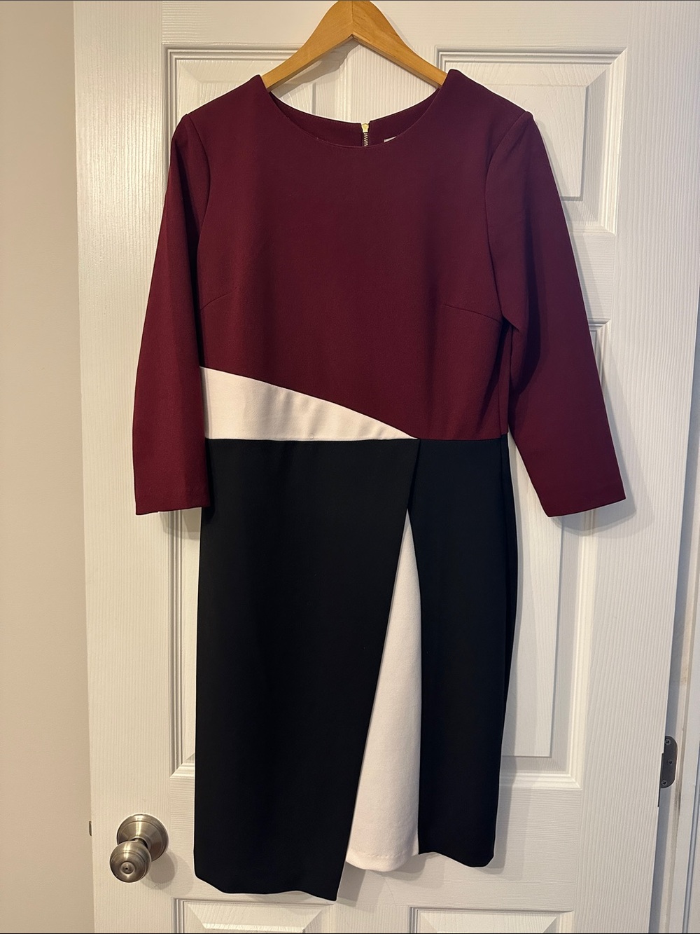 cleo Burgundy, Black and Cream Asymmetrical Colorblock Dress